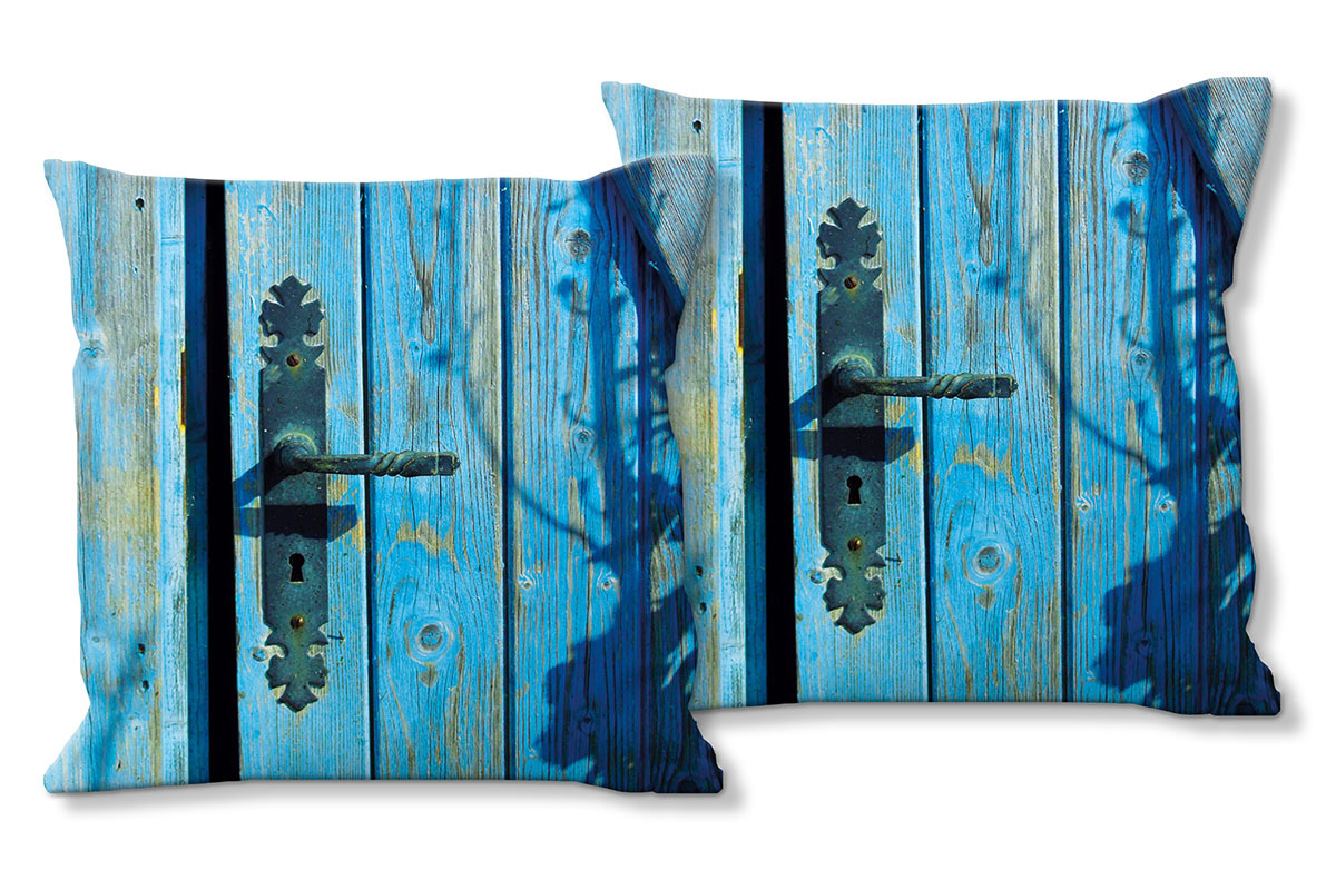 Deko-Foto-Kissen, Set, Blaue Tür im Sonnenschein, 40 x 40 cm, Premium Kissenhülle, Zierkissen