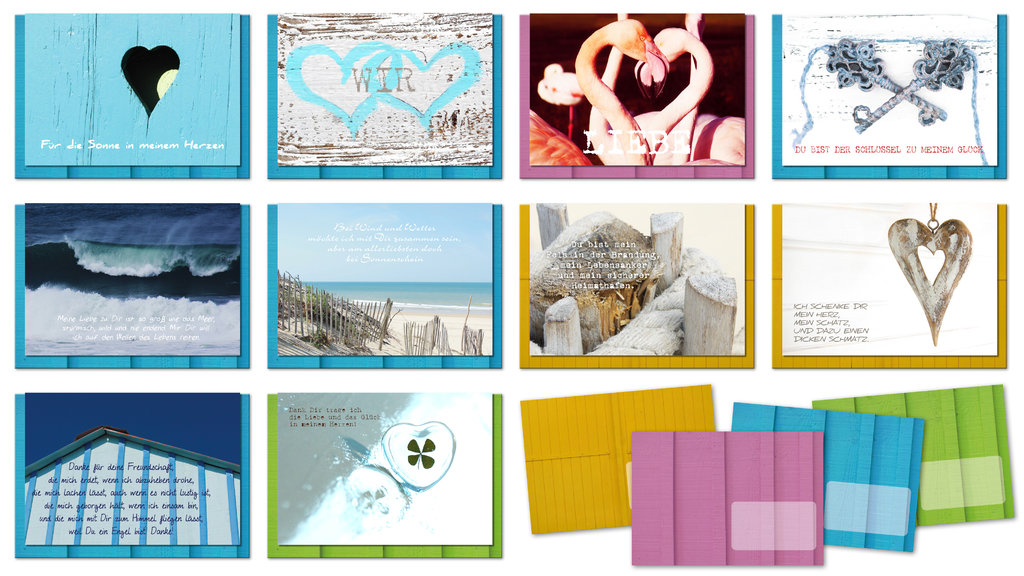 Herz, Liebe, Freundschaft, Grußkarten, Postkarten, Klappkarten, 10-er Set, inkl. farbige Umschläge