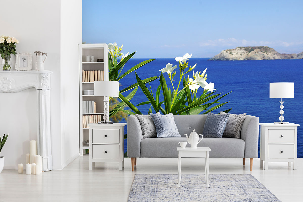Fototapete selbstklebend - Motiv: Kreta weißer Oleander am Meer