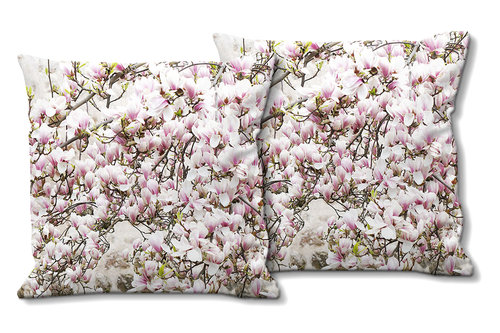 Deko-Foto-Kissen, Set, Magnolienblüten-Baum, 40 x 40 cm, Premium Kissenhülle, Zierkissen