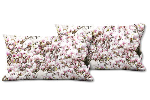 Deko-Foto-Kissen, Set, Magnolienblüten-Baum, 80 x 40 cm, Premium Kissenhülle, Zierkissen