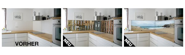 Glücksvilla Deko-Rückwand für Küche und Bad Küchenrückwand Spritzschutz Acrylglas mit Echtglas-Beschichtung individueller Zuschnitt Maßanfertigung Kontur Aussparungen Größe Format