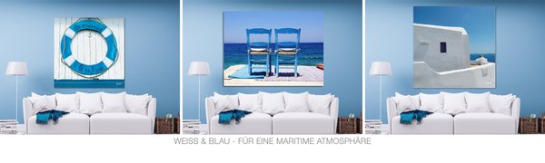 Glücksvilla Wandbilder Kategorie weiß & blau Meer Maritimes Strandhaus Frankreich Griechenland Santorini Kreta