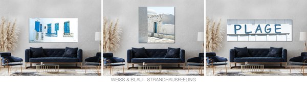 Glücksvilla Wandbilder Kategorie weiß & blau Meer Maritimes Strandhaus Frankreich Griechenland Santorini Kreta