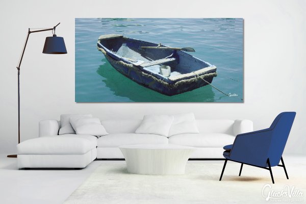 Wandbild: Blaues Boot im blauen Meer 1
