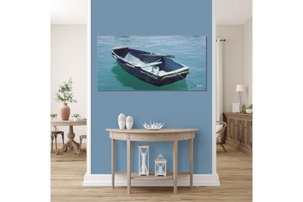 Wandbild: Blaues Boot im blauen Meer 1