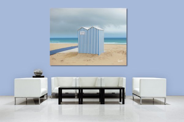 Wandbild: Strandhaus in blau und weiß