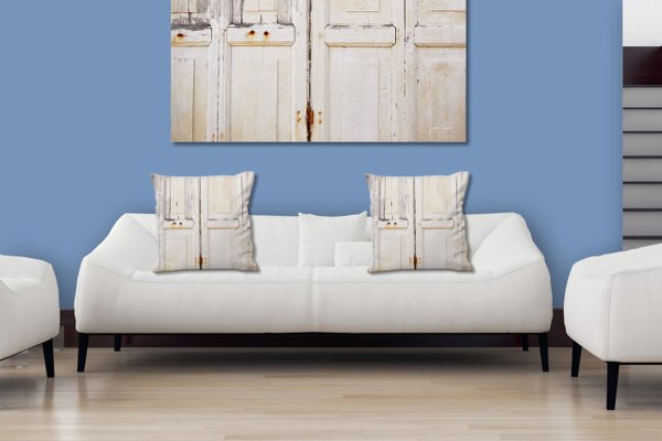Dekokissen Set, Alte Holztür in weiß, 40 x 40 cm, Premium Kissenhülle, Zierkissen, Kissenbezug