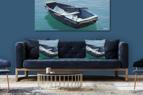 Dekokissen Set, Blaues Boot im blauen Meer 1, 40 x 40 cm, Premium Kissenhülle, Zierkissen-Bezug