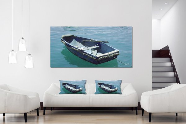 Dekokissen Set, Blaues Boot im blauen Meer 1, 80 x 40 cm, Premium Kissenhülle, Zierkissen-Bezug