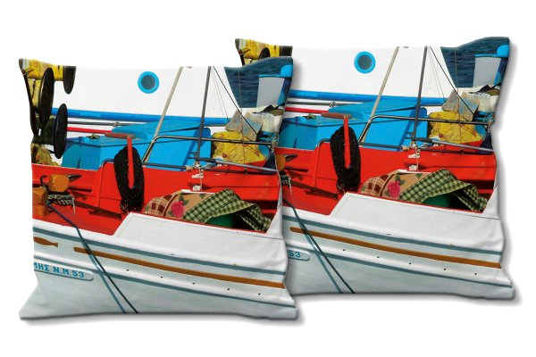 Dekokissen Set, Bunte Boote, 40 x 40 cm, Premium Kissenhülle, Zierkissen, Kissenbezug