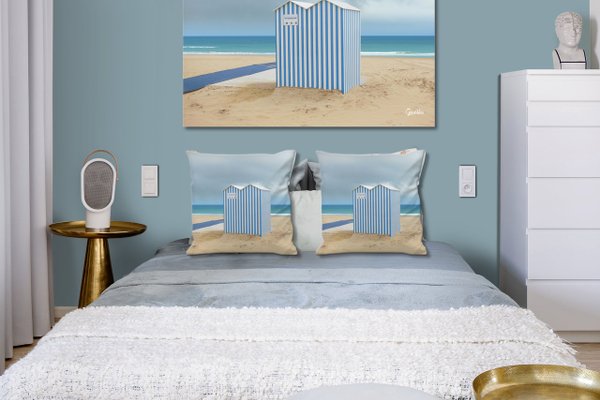 Dekokissen Set, Strandhaus in blau und weiß, 40 x 40 cm, Premium Kissenhülle, Zierkissen-Bezug