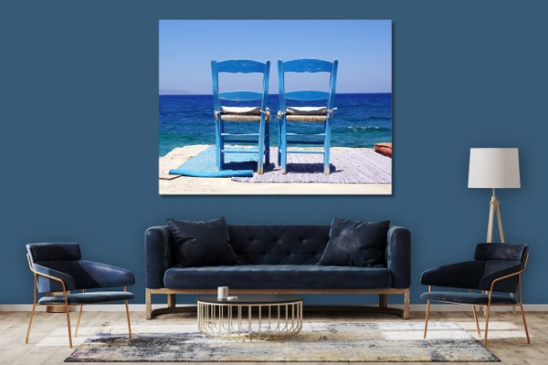 Wandbild: Kreta blaue Stühle am Meer