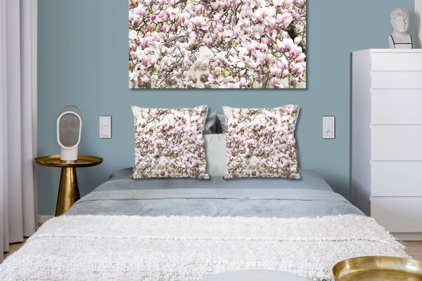 Dekokissen Set, Magnolienblüten-Baum, 40 x 40 cm, Premium Kissenhülle, Zierkissen, Kissenbezug