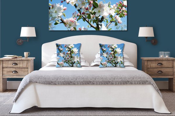 Dekokissen Set, Apfelblüten-Frühling 1, 40 x 40 cm, Premium Kissenhülle, Zierkissen, Kissenbezug