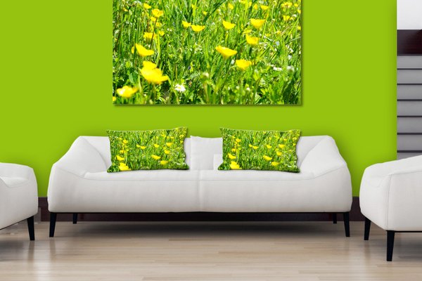 Dekokissen Set, Butterblumen-Frühlingswiese, 80 x 40 cm, Premium Kissenhülle, Zierkissen-Bezug
