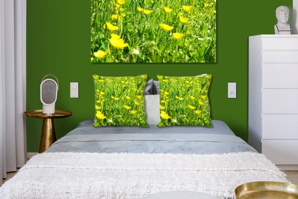 Dekokissen Set, Butterblumen-Frühlingswiese, 40 x 40 cm, Premium Kissenhülle, Zierkissen-Bezug