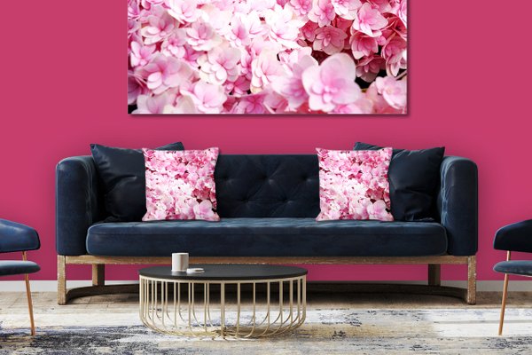 Dekokissen Set, Rosa Hortensien-Blüten, 80 x 40 cm, Premium Kissenhülle, Zierkissen, Kissenbezug