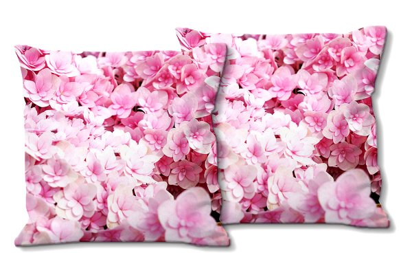 Dekokissen Set, Rosa Hortensien-Blüten, 40 x 40 cm, Premium Kissenhülle, Zierkissen, Kissenbezug